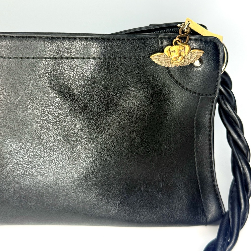 Black Faux Leather Relic Shoulder Bag Twist Rope Strap Gold Charm Accents 12x7